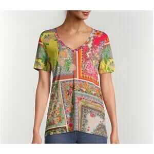 Johnny Was Calloway Favorite V-Neck Short Sleeves XXL Boho Chic JWLA Patchwork